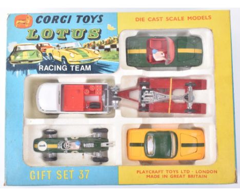 Corgi Toys Gift Set 37 Lotus Racing Team, Lotus Climax Racing Car, Lotus Elan Coupe, Lotus Elan S.2. Volkswagen Breakdown Van