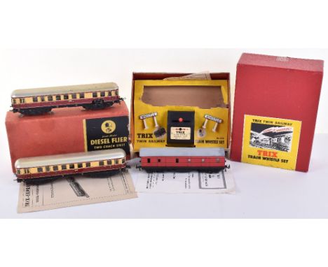 Boxed Trix Train Railway Diesel Flier, two coach unit with reversing lights, tinplate maroon/cream/silver and a boxed No.274 