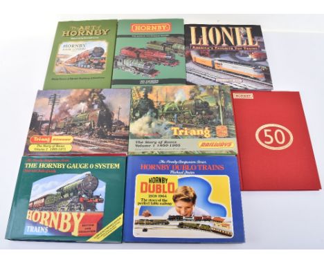 Eight Hardback Model Railway Books, Hornby 00 scale 50th Anniversary Edition, The Hornby Gauge 0 system, Hornby Dublo trains,