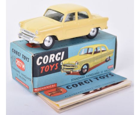 Corgi Toys 207M Standard Vanguard III Saloon, yellow body, flat spun wheels, in near mint original condition, a couple of tin