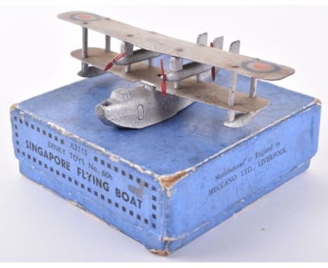 Dinky Toys Pre War 60h Singapore Flying Boat, cast fuselage, tin plate wings silver body, RAF roundel’s, 4 x 2 blade replacem