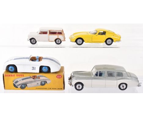 Boxed Dinky Toys 133 Cunningham C-5R Road Racer, white body, tan seats, blue driver, dark blue stripes racing number ‘31’, mi