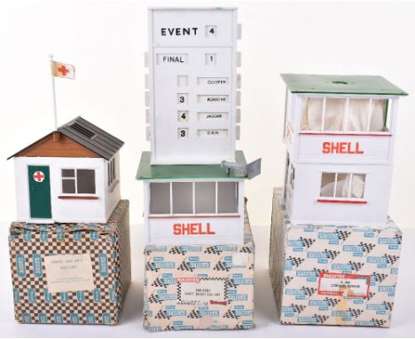 Three Boxed  Scalextric Buildings, A/201 Event Board &amp; Hut, missing one loud speaker,  MM/A211 First Aid Hut, with flag, 