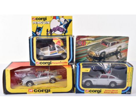 Two Corgi Toys James Bond 271 Aston Martin 1:36 scale Models, 1977 issue, silver,4 spoke wheel hubs, rear bullet screen, retr