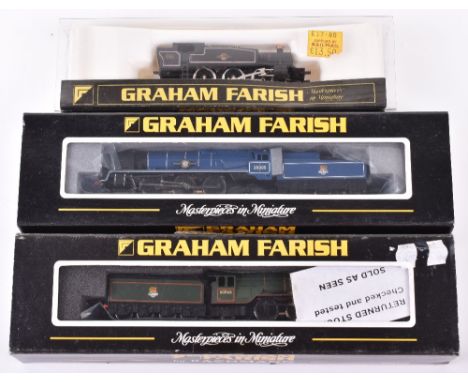 Three boxed Graham Farish N gauge locomotives, 372-301 Merchant Navy 4-6-2 ‘Canadian Pacific’, BR blue, 372-377 A3 4-6-2 ‘Mer
