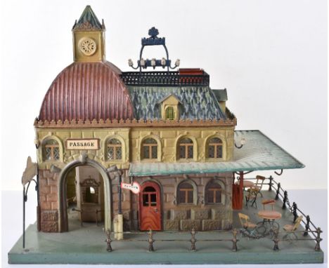 A fine and rare Marklin gauge I tinplate ‘Café Central Station’, German for the French market circa 1905, station mounted on 