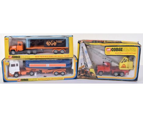 Three Corgi Toys Commercial Boxed Vehicles,1100 Mack Truck with Trans-Continental Trailer, orange cab, black/orange/silver bl