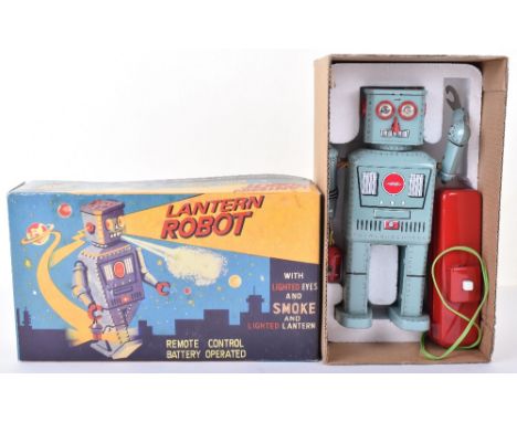 Modern Ha Ha Toys (China) boxed remote control Lantern Robot, 2007, tinplate Robot with lighting eyes, smoke and lighting lan