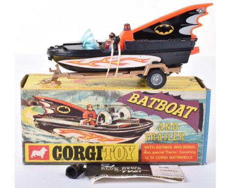 Corgi Toys 107 Batboat And Trailer, 1st issue with tinplate fin cover, complete with Batman &amp; Robin figures, gold trailer