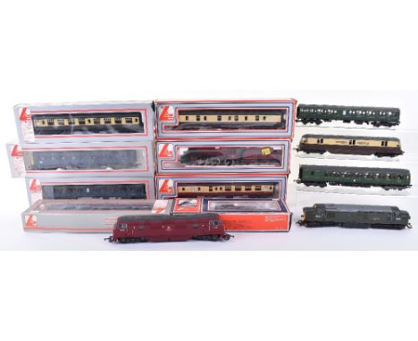 Lima locomotives and coaches, boxed LMS 2-6-0 locomotive and tender 13000 maroon, BR 2-6-2T black, two GWR coaches, two BR bl