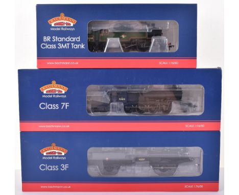 Bachmann three BR locomotives, boxed 31-626A class 3F 0-6-0 locomotive and tender BR black early emblem, 31-012 class 7F 2-8-