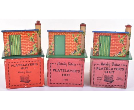 Three Hornby Boxed 0 Gauge  A818  Platelayers Huts, tin-printed buildings, blue roofs three different versions, plain fixed g