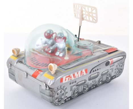 Gama 9940 XY-101 Space Tank tinplate battery operated toy, Western Germany 1960s, lithographed in silver and red with details