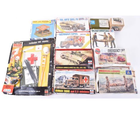 Quantity Of Ambulance Plastic/Metal kits, ESCI 2 x German Opels,2 x  SD.KFZ 251/8, Italeri Ambulance Jeep, First Aid Station,