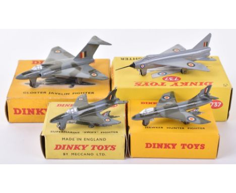 Four Boxed Dinky Toys Aircraft, 734 Supermarine Swift Fighter, 735 Gloster Javelin, 736 Hawker Hunter Fighter and 737 P.IB Li