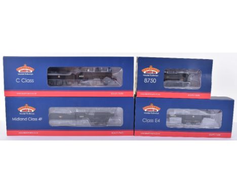 Bachmann four BR locomotives, boxed 31-462 C class 0-6-0 locomotive and tender, BR black early emblem, 31-882 class 4f 0-6-0 