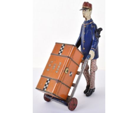 Lehmann EPL 689 Adam the Porter tinplate c/w toy, circa 1920, porter with blue painted jacket, Lehmann pattern trousers and r