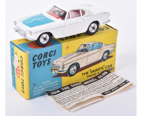 Scarce Corgi Toys 258&nbsp; The “Saints” Volvo P.1800,white body, red interior, shaped spun wheel hubs, blue bonnet label, in