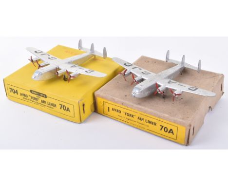 Two Boxed Dinky Toys 70A (704) Avro York Air Liner’s, both silver bodies, 4 x 3 blade propellers G-A GJC, both in good to exc