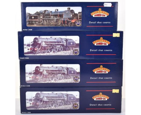 Bachmann four BR locomotives, boxed 32-156 N class 2-6-0 locomotive and tender, black early emblem (weathered), 32-500 Standa