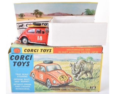 Boxed Corgi Toys 256 Volkswagen 1200 in East African Safari Trim, orange body, brown interior, spun wheel hubs, with original