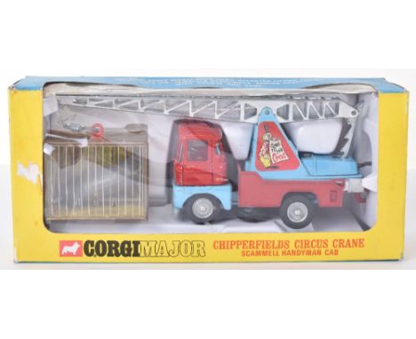 Corgi Major Toys 1144  Chipperfield’s Circus Crane Scammel Handyman, blue/red body,red interior, silver jib, cast wheels, in 