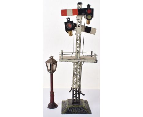 Bing gauge I double arm signal, German circa 1905, green and black painted moulded base, gantry with handrail, hand operated 