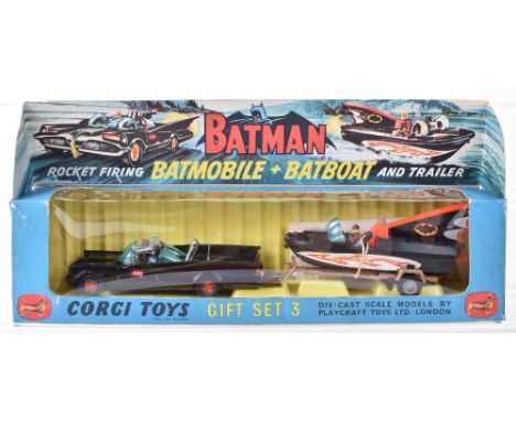 Boxed Corgi Toys Gift Set 3 Batmobile and Batboat, 1st version black gloss body, red bat hubs, blue tinted windscreens, with 