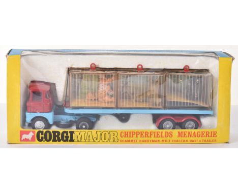 Corgi Major Toys 1139 Chipperfield’s Circus Menagerie Scammel Handyman MK.3 Tractor Unit &amp; Trailer, blue/red body, with t