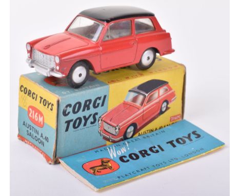 Scarce Corgi Toys 216M Austin A.40 Saloon, red body, black roof, flat spun wheels, in very good original condition, a couple 