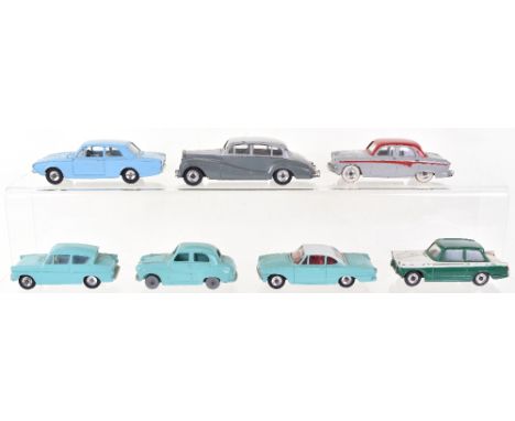 Seven Unboxed Dinky Toys,130 Ford Corsair, light blue, 143 Ford Capri, turquoise/white roof,150 Rolls Royce Silver Wraith (mi