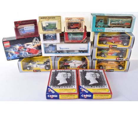 Five boxed Burago 1/24 scale F1 Racing cars, Lotus Honda Turbo, Benetton Ford, Williams FW 08C, McLaren MP4/2 Turbo, Ferrari 