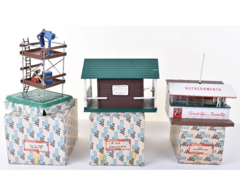 Boxed  Scalextric Buildings, A/223 Entrance Building, A/228 Refreshment Kiosk and F/302 T.V. Camera &amp; Crew Set, all in ve