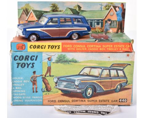 Corgi Toys 440 Ford Cortina Super Estate Car, with golfer, caddie boy, trolley and bag, metallic dark blue, cream interior, s