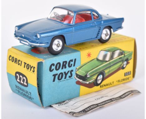 Scarce Corgi Toys 222 Renault “Floride” metallic Kingfisher blue body, red interior, shaped spun wheel hubs, in mint conditio