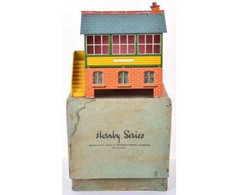 Scarce Hornby Boxed 0 Gauge No.2E Signal Cabin, fitted with electric lighting, tin-printed building, with part hinger roof an