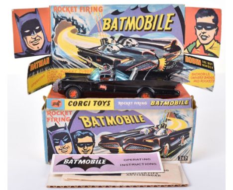 Corgi Toys 1st issue 267 Batmobile Boxed, gloss black, red bat hubs, blue tinted windscreens, with "Batman &amp; Robin" figur