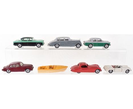 Six Unboxed Dinky Toys,113 MGB white, with driver, missing windscreen, 150 Rolls Royce Silver Wraith,  157 Jaguar XK120 Coupe