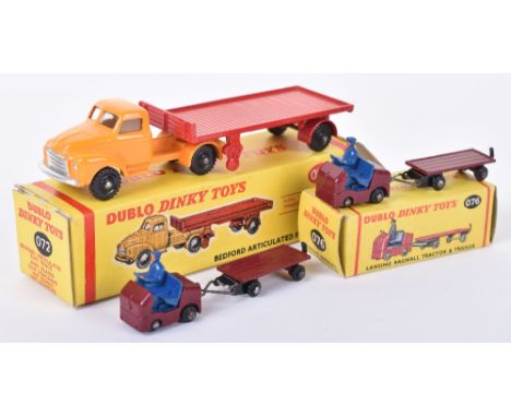 Three Dublo Dinky Toys, 072 Bedford Articulated Truck, yellow cab, red trailer, black knobbly wheels and 076 Lansing Bagnall 