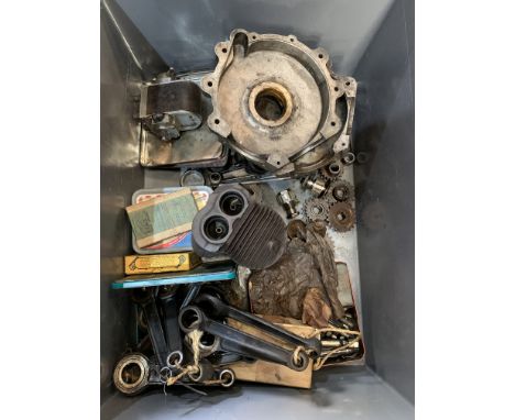 Two V-twin crank case halvesone JAP, the other unmarked, both unnumbered, together with a 'blind' cylinder barrel, a Lucas 50