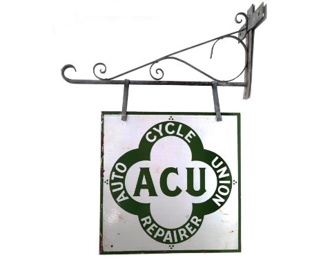An 'ACU Auto Cycle Union Repairer' double-sided enamel sign,in green on white enamel, some slight chips to edges and minor ru