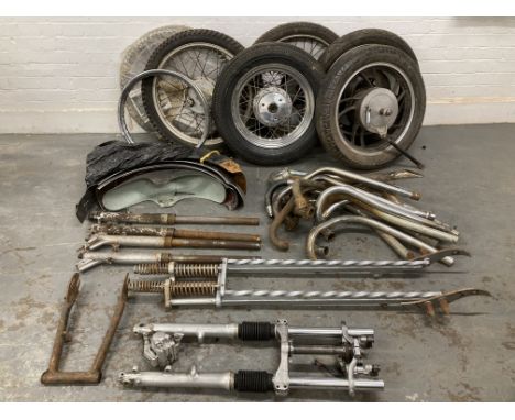 A quantity of wheels and forksfor various makes and models, including Royal Enfield forks believed suitable for Constellation