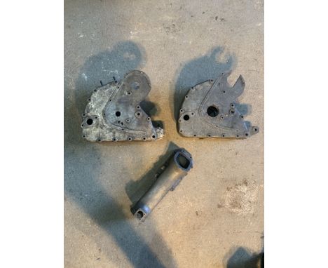 Two sets of OK-Supreme engine casesnumbered A/3751 and A369T, both ends with some damage, together with an OHC drive tunnel, 