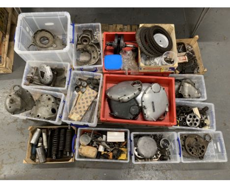 A quantity of mainly Vincent engine componentsincluding crankshaft, flywheels, timing covers, sprockets, gearbox covers, timi