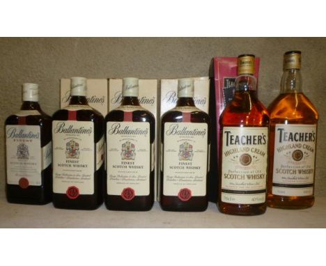 Five bottles Ballantine's Finest Scotch, (3 boxed), one litre and one bottle (boxed) Teachers Highland Cream (7)