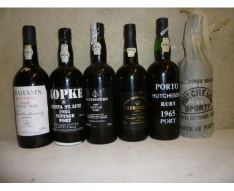 Two bottles 1965 Hutcheson Ruby, one bottle 1968 Graham's Malvedos, one bottle 1985 Feurheerd, one bottle 1985 Kopke Quinta S