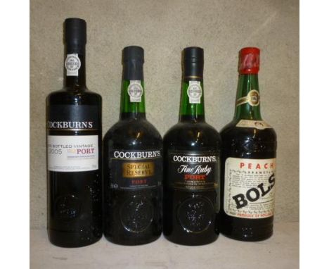 One bottle 2005 Cockburns LBV, one bottle Cockburns Special Reserve, one bottle Cockburns Fine Ruby, one bottle Peach Bols (4