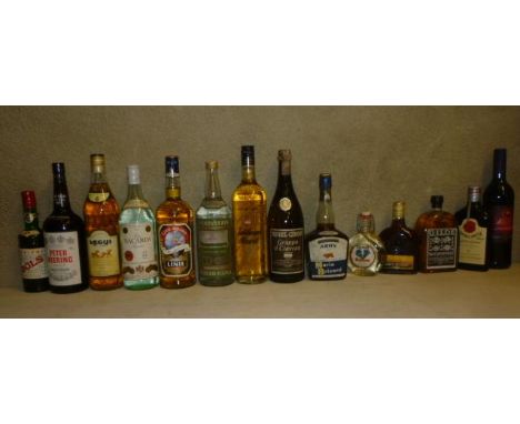 One bottle 1972 Grappa d Ciavran, one bottle Luor Argentino, one litre Ron Bacardi Rum, one litre Jubileoums Akuavit, one lit