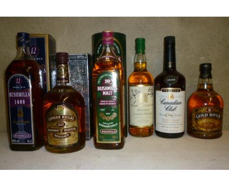 One litre Chivas Regal 12 year old blended Scotch, boxed, one litre Bushmills Irish 10 year old single malt, boxed, one litre