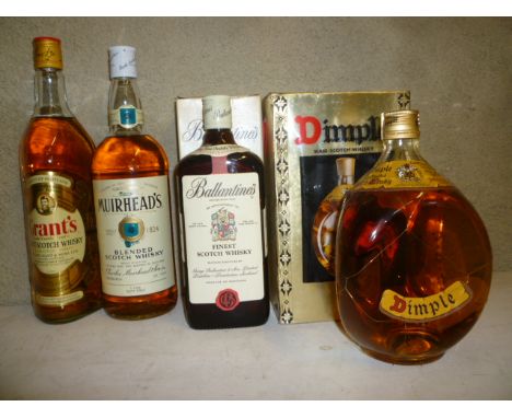 One litre Muirhead's Blended, one bottle Ballantine's Finest Scotch (boxed), one litre Grant's Finest Scotch, and one bottle 